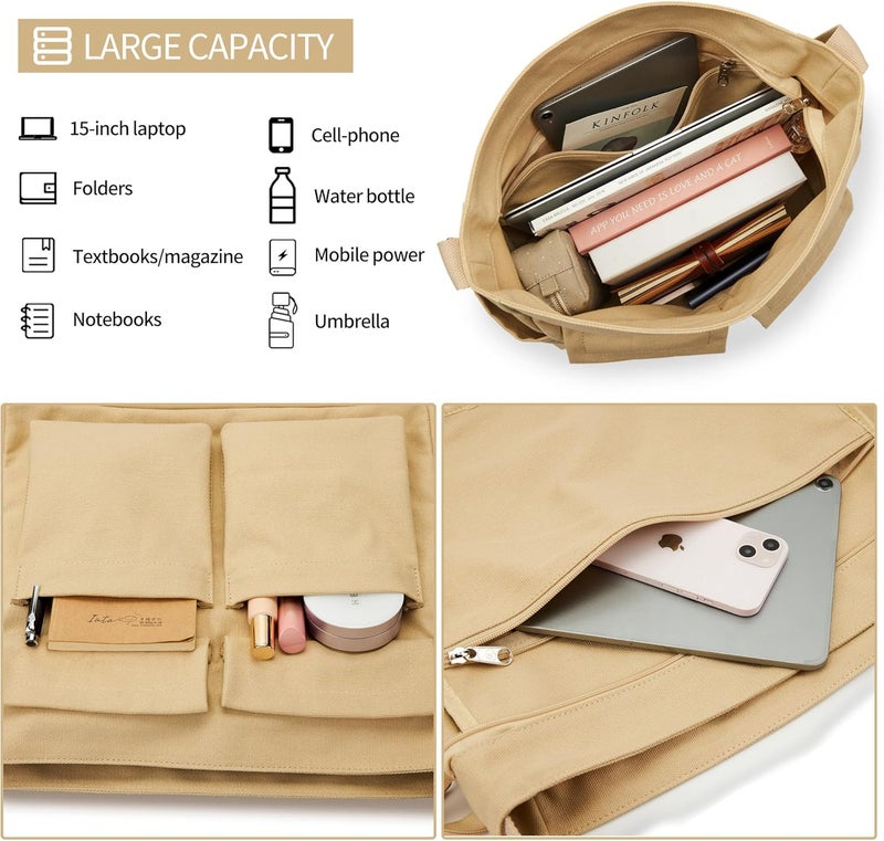 KALIDI FANCY FOREST KALIDI Canvas Tote Bag Messenger Bag, Large Crossbody Bag for Women or Men, Casual Canvas Shoulder Bag for College Work Daily - Image 3